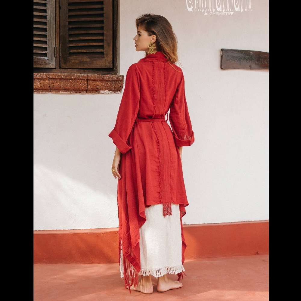 Raw Cotton Fringe Kimono Cardigan ∆ Robe Jacket (Red Ochre) NWOT - Picture 4 of 7